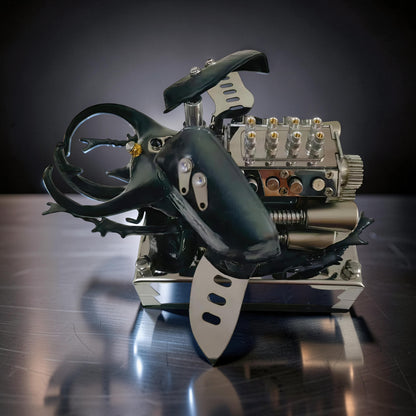 The Curious Mind Mechanical V8 Beetle Display Model, a unique desk ornament made of alloy metal and resin, featuring intricate engine details and beetle-like horns.