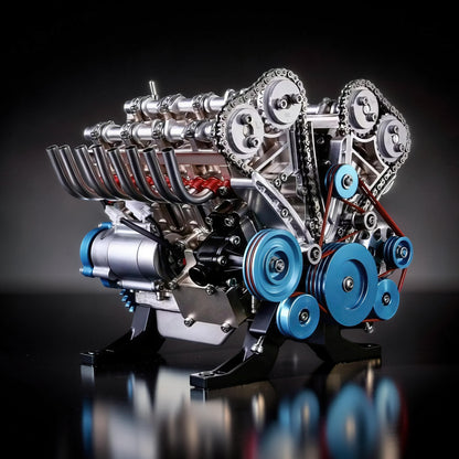 The Curious Mind V8 Car Engine DIY Kit, a detailed metal mechanical model with blue accents and visible chains and belts.