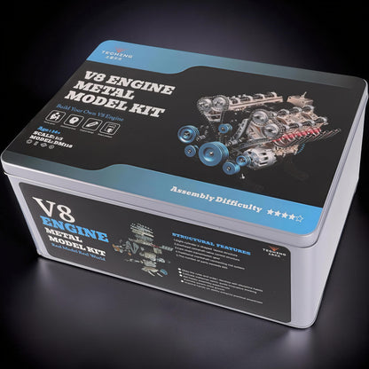 The Curious Mind V8 Engine Metal Model Kit, a premium mechanical model for ages 14+, featuring detailed V8 engine components and assembly instructions.