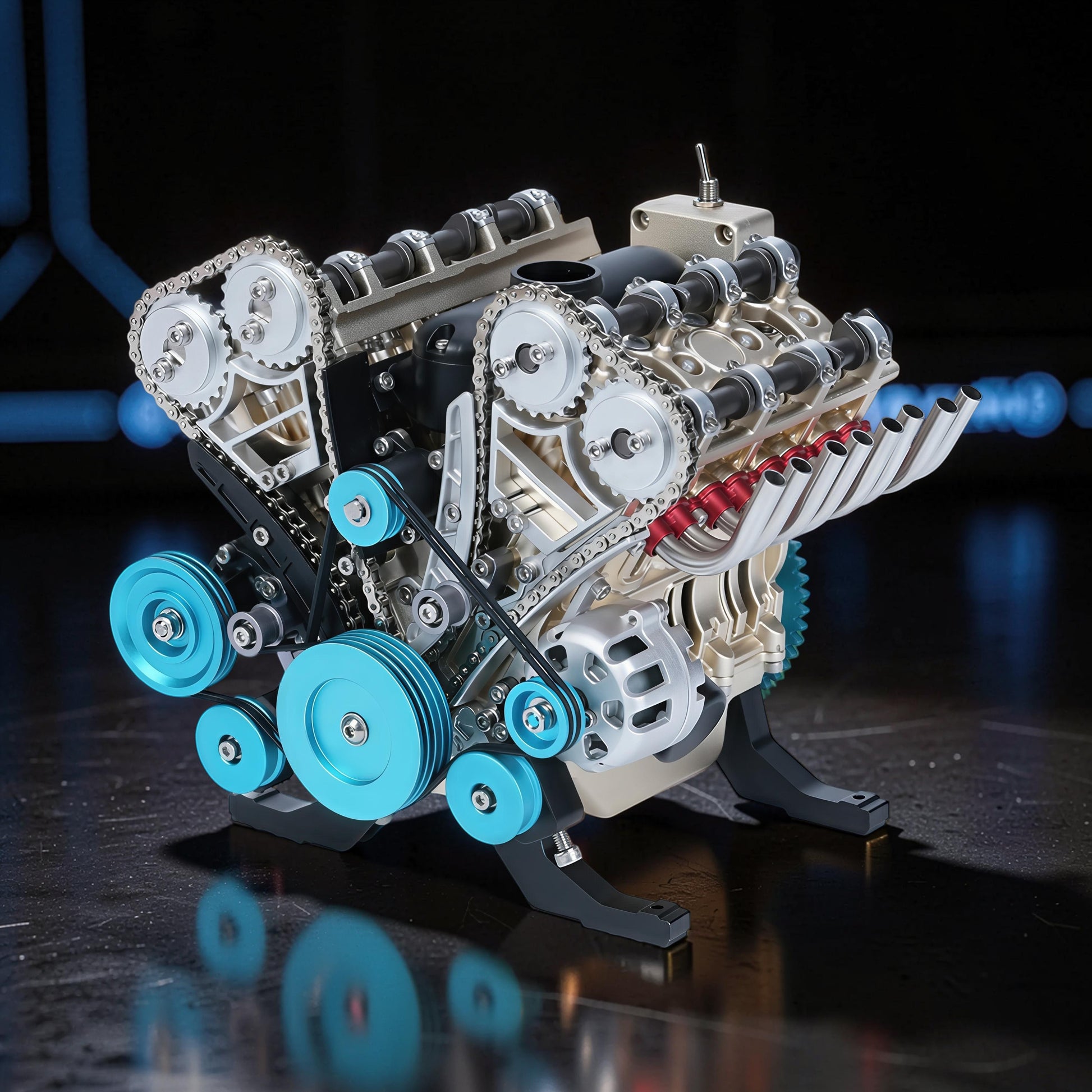 The Curious Mind V8 car engine DIY kit, a detailed metal mechanical model with blue accents and visible gears and chains.