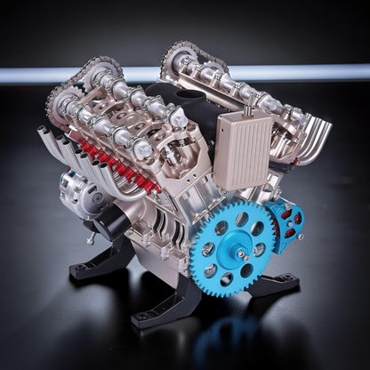 The Curious Mind V8 car engine DIY kit, a detailed metal mechanical model with blue gears and red accents, displayed on a black stand.