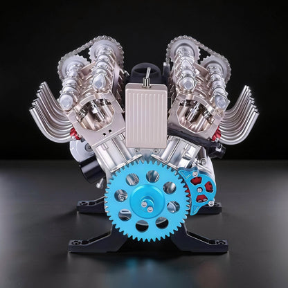 The Curious Mind V8 car engine DIY kit, a detailed metal mechanical model with a blue gear and silver components.