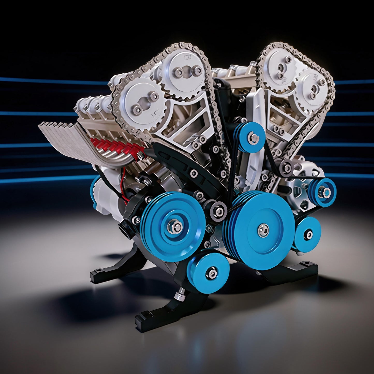 The Curious Mind V8 car engine DIY kit, a detailed metal mechanical model with blue accents and visible gears and chains.