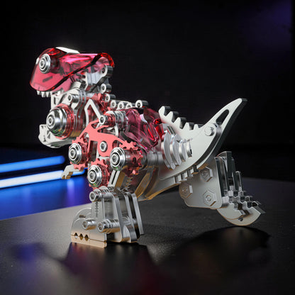 The Curious Mind Velociraptor 3D metal model kit with red translucent accents and intricate mechanical details.
