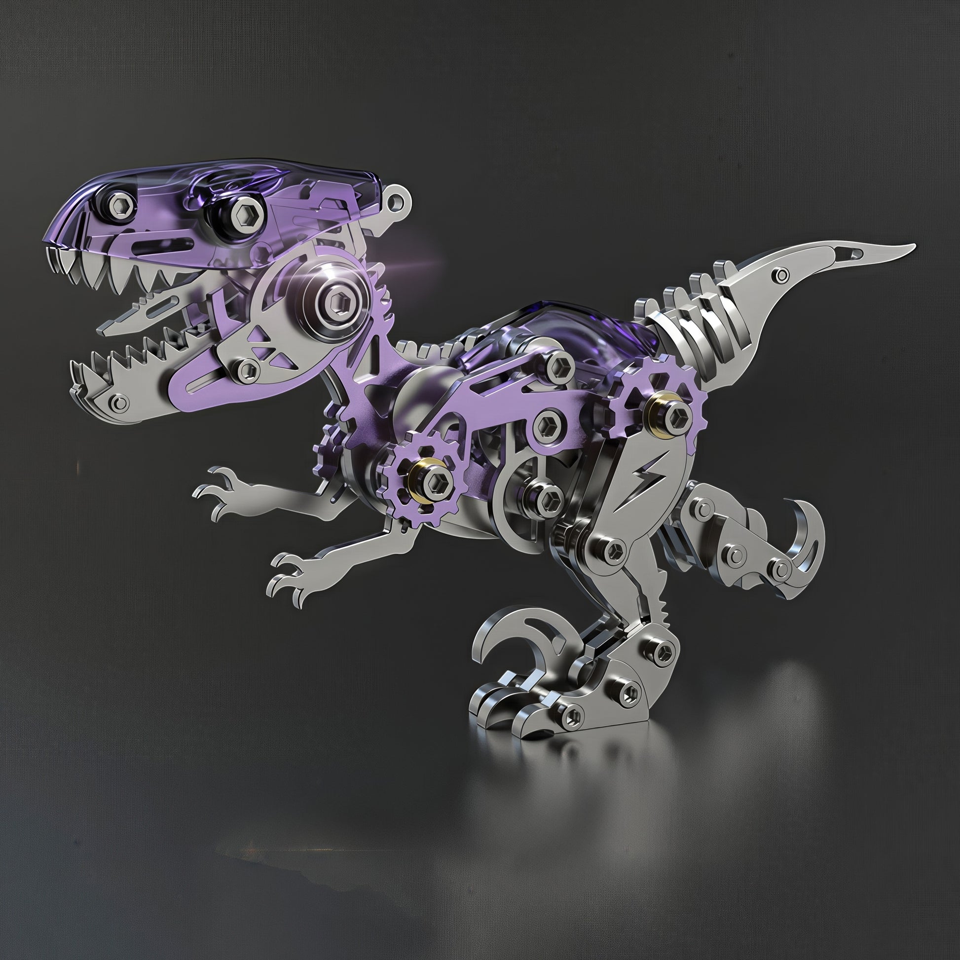 The Curious Mind Velociraptor 3D metal model kit with purple and silver metallic parts, intricate gears, and visible internal mechanics.