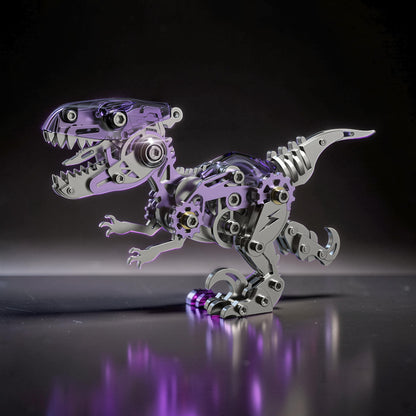 The Curious Mind Velociraptor 3D metal model kit with intricate gears and purple translucent accents.