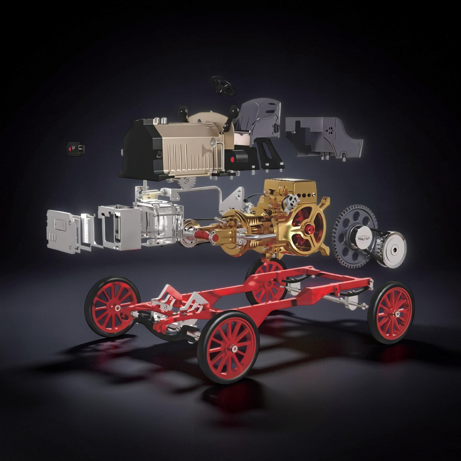 The Curious Mind vintage classic car DIY kit exploded view, showing metal chassis, gold engine, and red wheels.