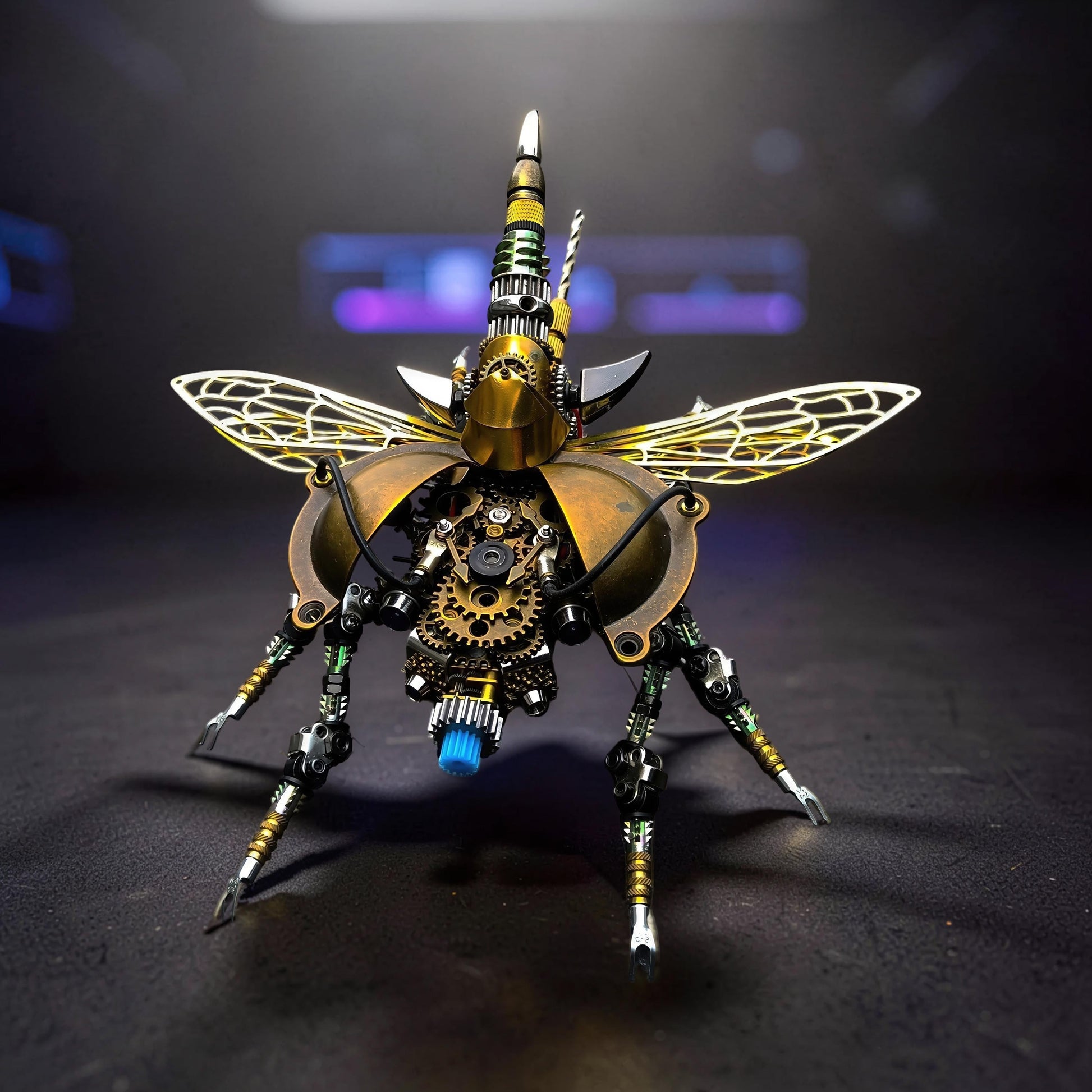 The Curious Mind War Beetle 3D metal model kit with intricate gears, brass plating, and illuminated wings. Steampunk insect design.