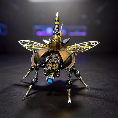 The Curious Mind War Beetle 3D metal model kit with intricate gears, brass plating, and illuminated wings. Steampunk insect design.