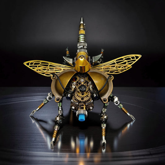 The Curious Mind War Beetle light-up 3D metal model kit, a steampunk-inspired mechanical insect with intricate gears, gold wings, and blue light.