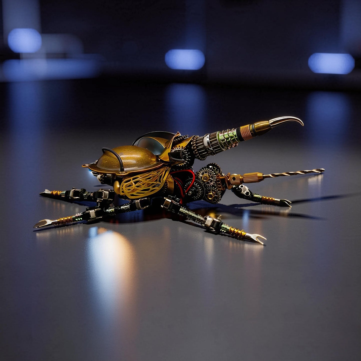 The Curious Mind War Beetle light-up 3D metal model kit, a steampunk-inspired mechanical beetle with intricate gears and golden finish.