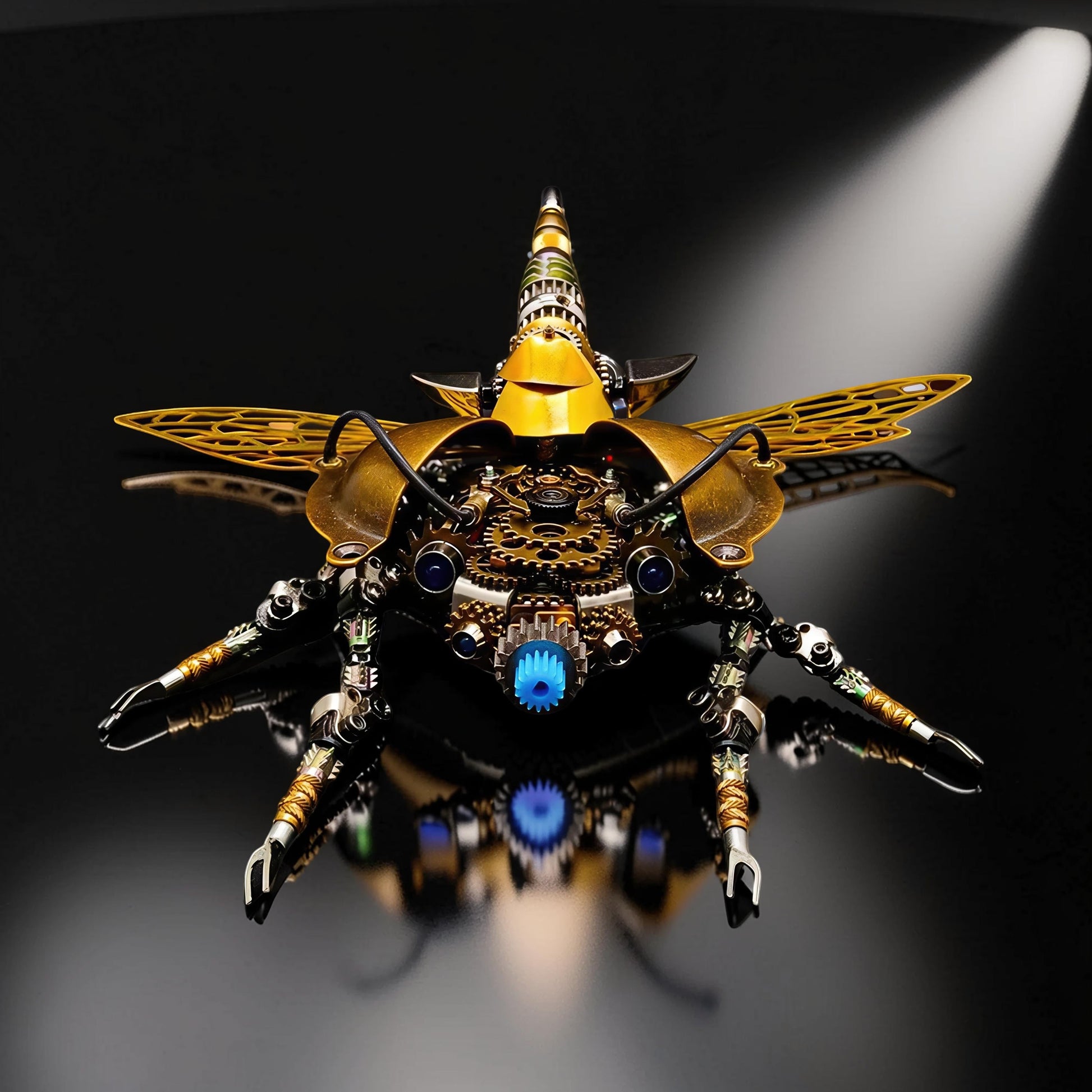 The Curious Mind War Beetle 3D metal model kit, gold and silver steampunk insect with intricate gears and blue light.
