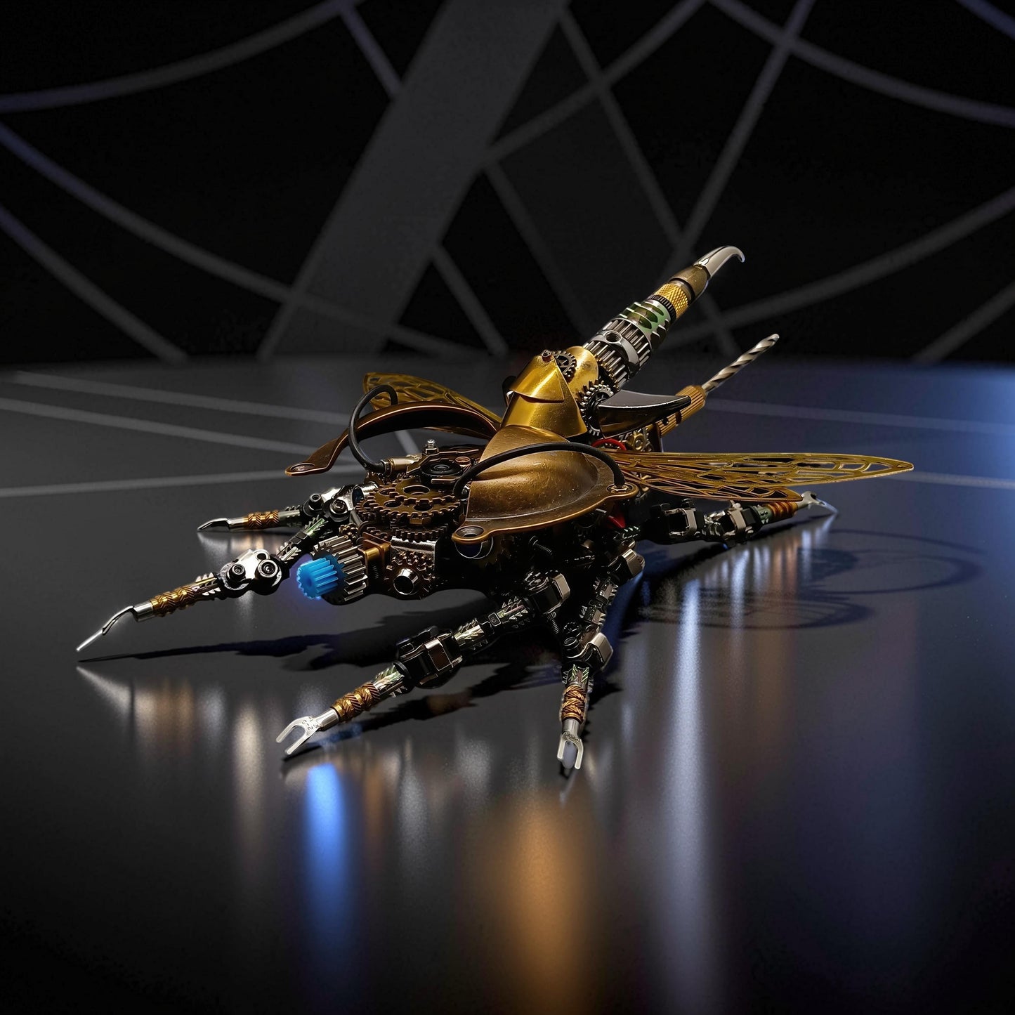 The Curious Mind War Beetle 3D metal model kit, steampunk insect design with brass finish and blue light.