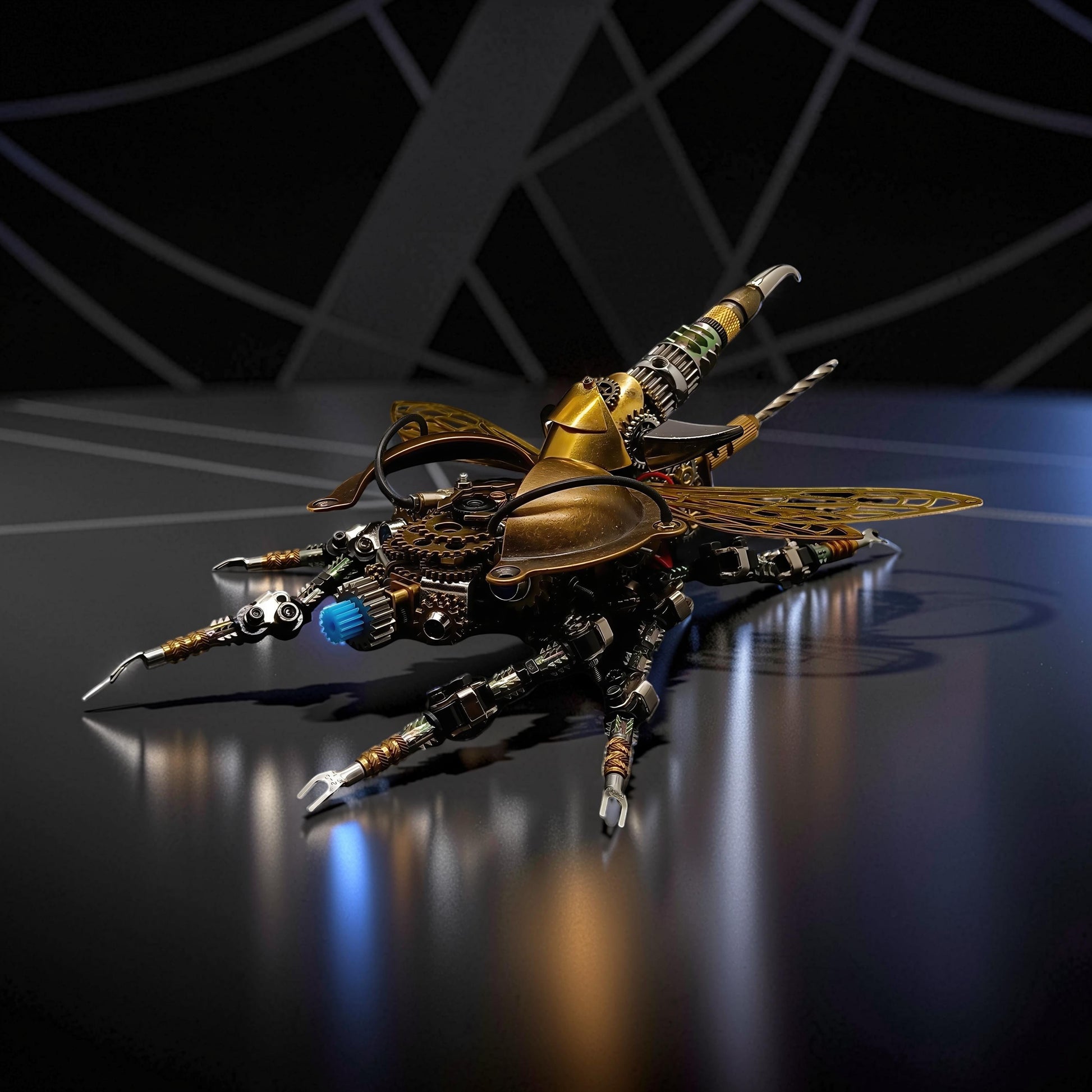 The Curious Mind War Beetle 3D metal model kit, steampunk insect design with brass finish and blue light.