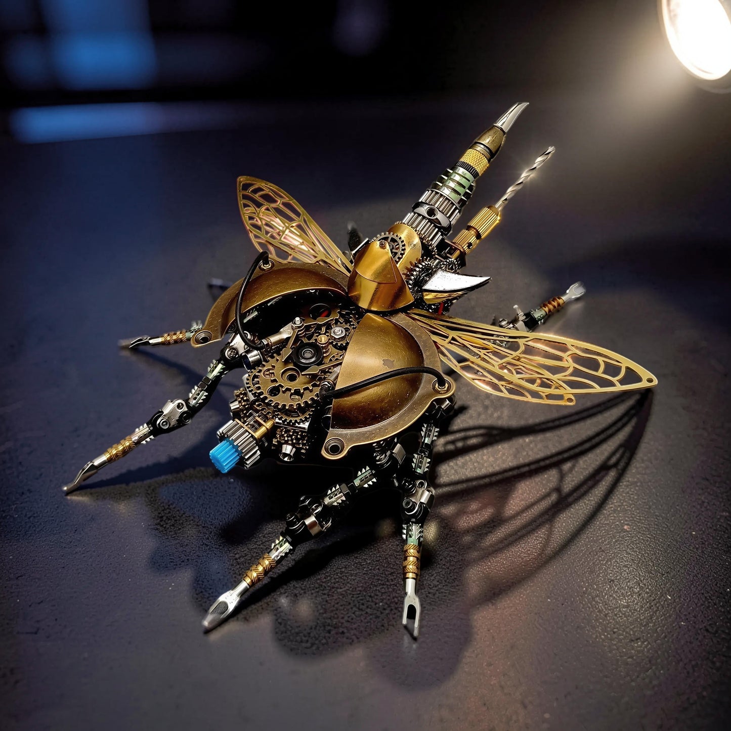 The Curious Mind War Beetle light-up 3D metal model kit, a steampunk-inspired mechanical insect with intricate gears and brass wings.