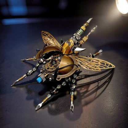 The Curious Mind War Beetle light-up 3D metal model kit, a steampunk-inspired mechanical insect with intricate gears and brass wings.