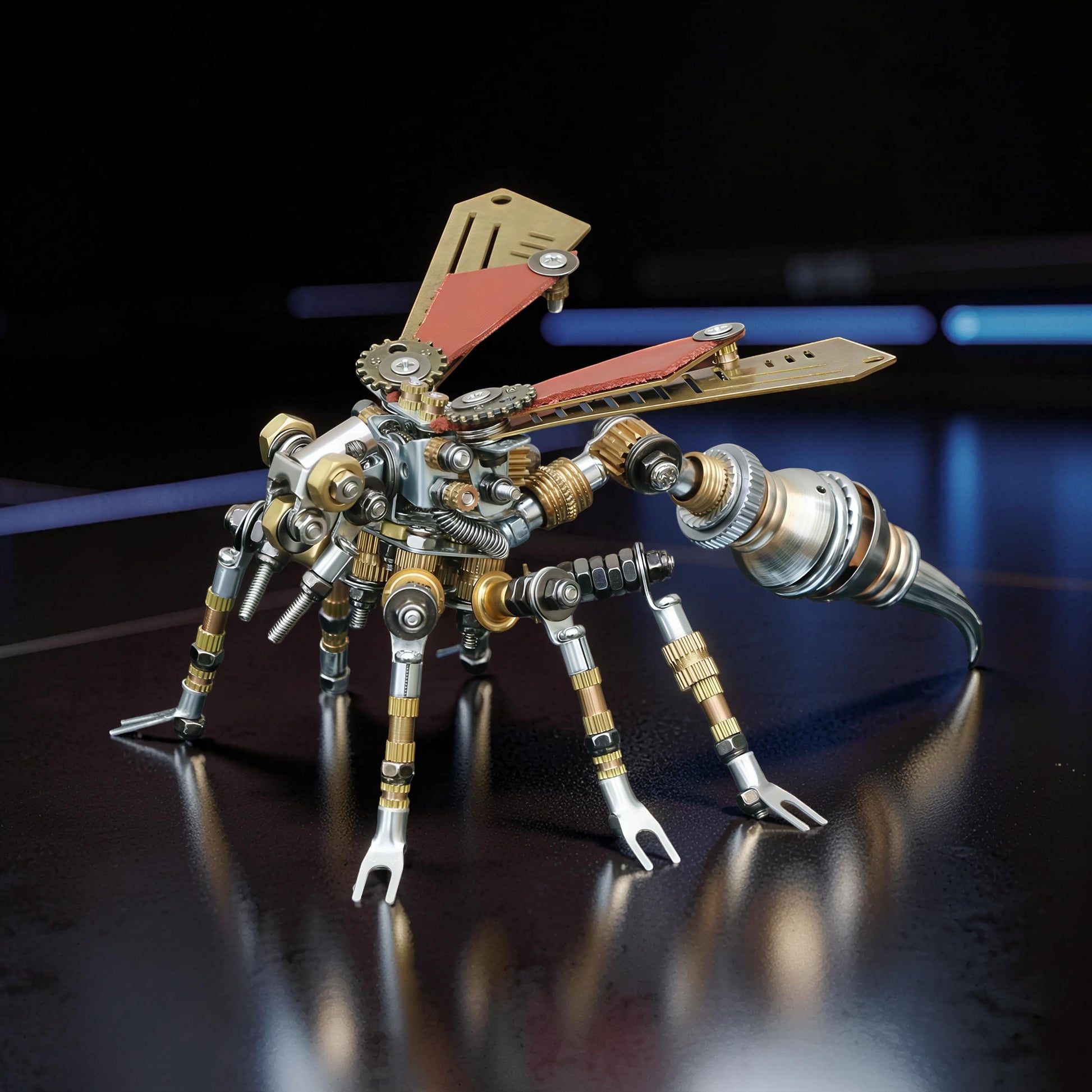 The Curious Mind Wasp premium 3D metal model kit features intricate mechanical details, gears, and a steampunk aesthetic. Silver, gold, and red accents.