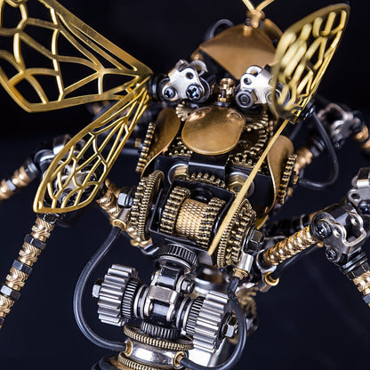 The Curious Mind Wasp with Voice-Activated Light 3D metal model kit, featuring intricate gears, gold wings, and mechanical details.