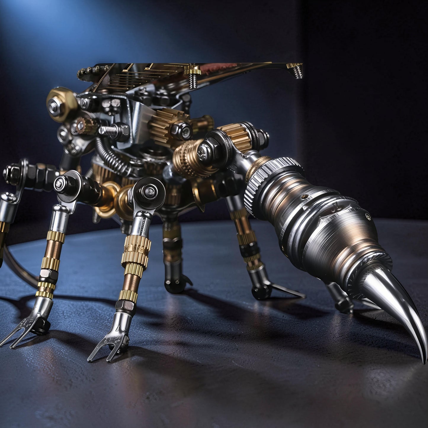 The Curious Mind Wasp 3D metal model kit, a steampunk-inspired mechanical insect with intricate gears, polished metal, and brass accents.