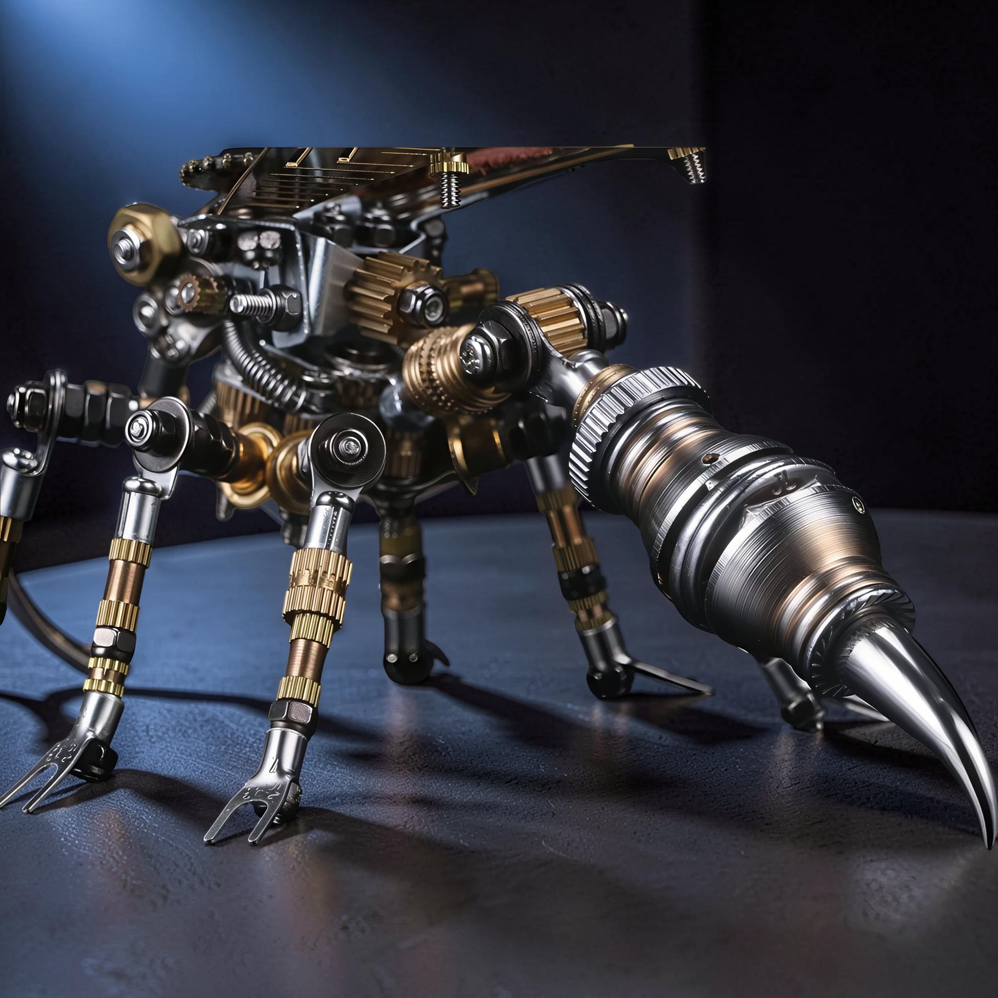 The Curious Mind Wasp 3D metal model kit, a steampunk-inspired mechanical insect with intricate gears, polished metal, and brass accents.