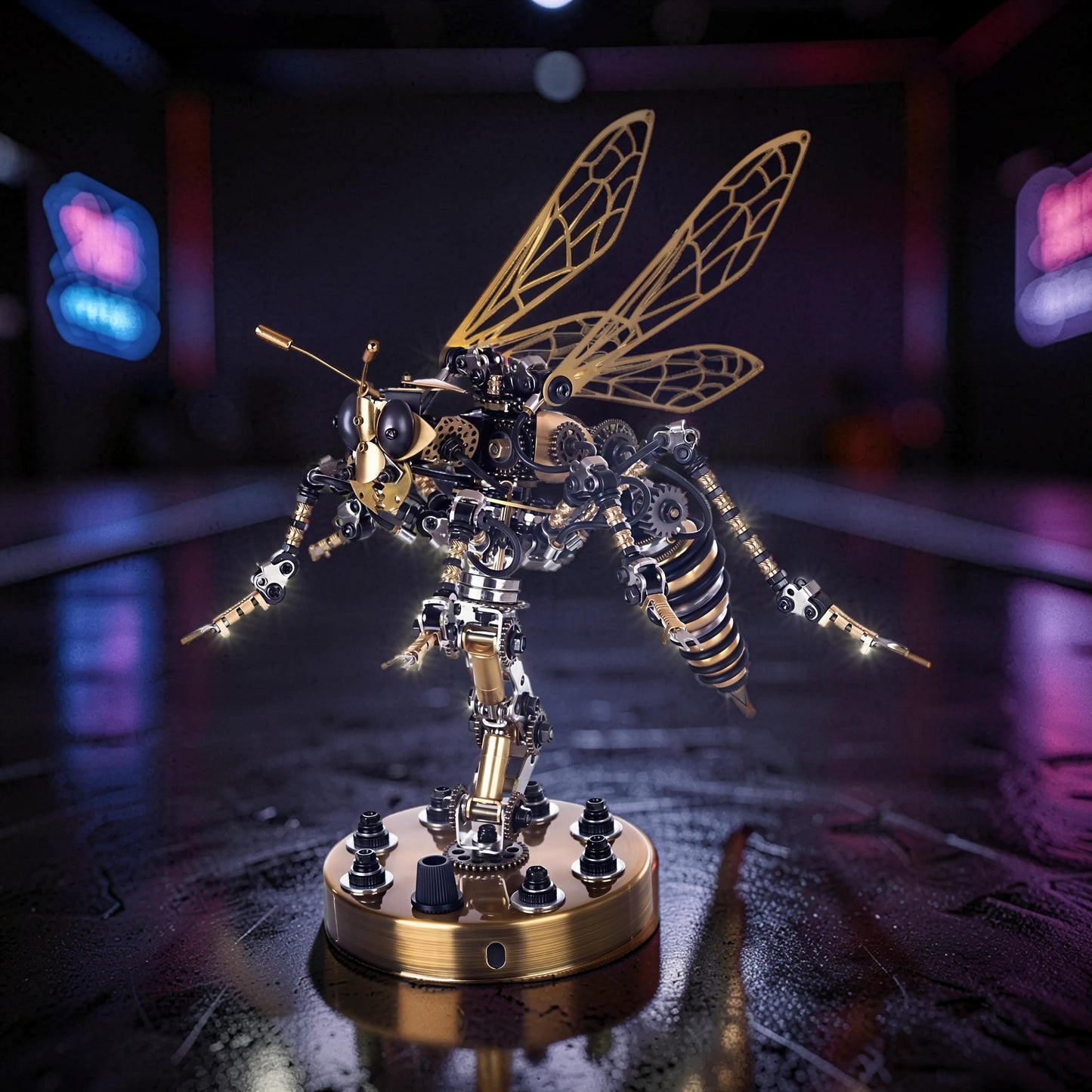 The Curious Mind Wasp with Voice-Activated Light, a detailed 3D metal model kit with gold and silver metallic finishes, intricate gears, and illuminated accents.