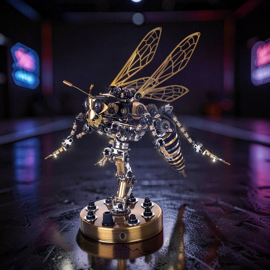 The Curious Mind Wasp with Voice-Activated Light, a detailed 3D metal model kit with gold and silver metallic finishes, intricate gears, and illuminated accents.