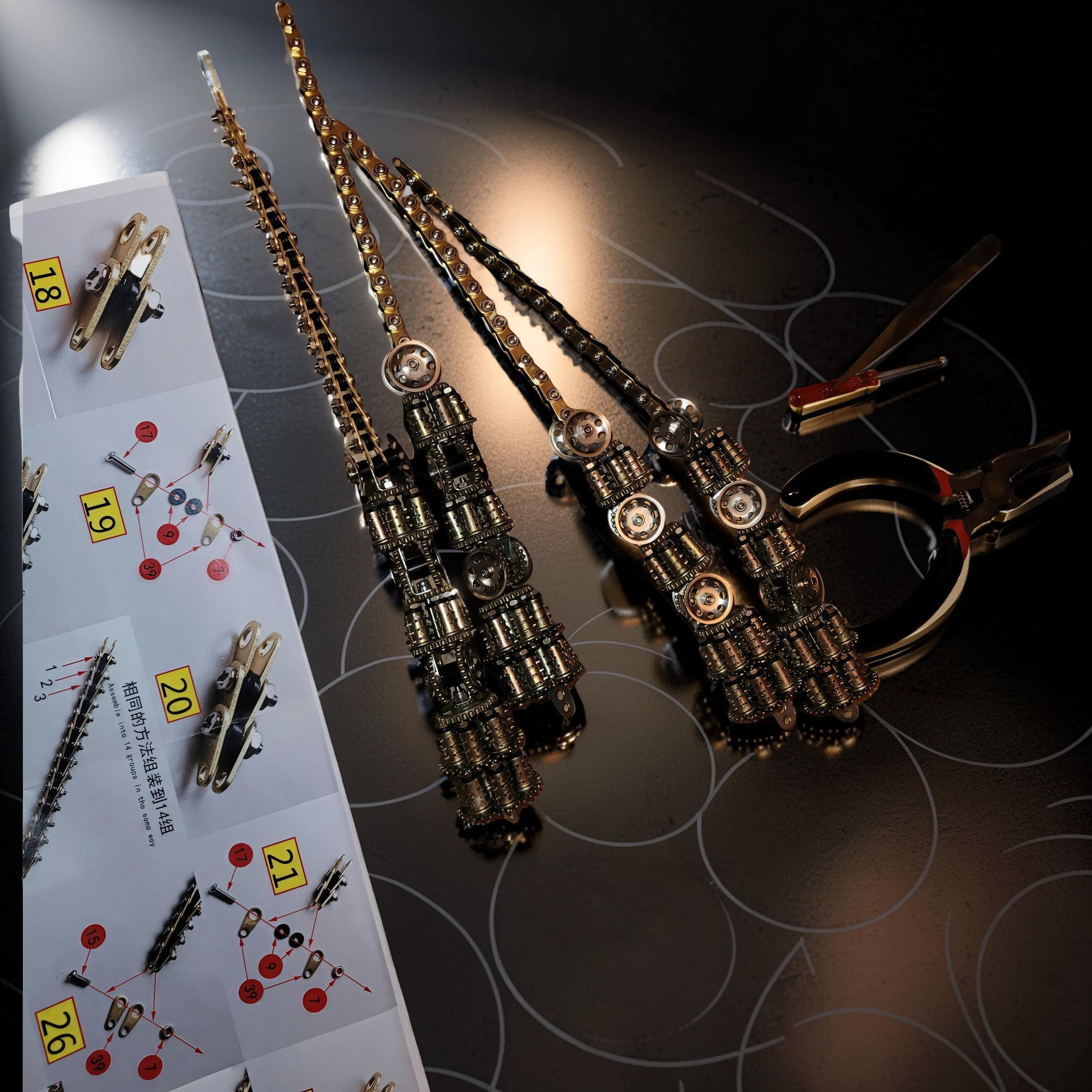 The Curious Mind Wasp with Voice-Activated Light 3D metal model kit, featuring intricate metallic gears and chains, with assembly instructions and tools.