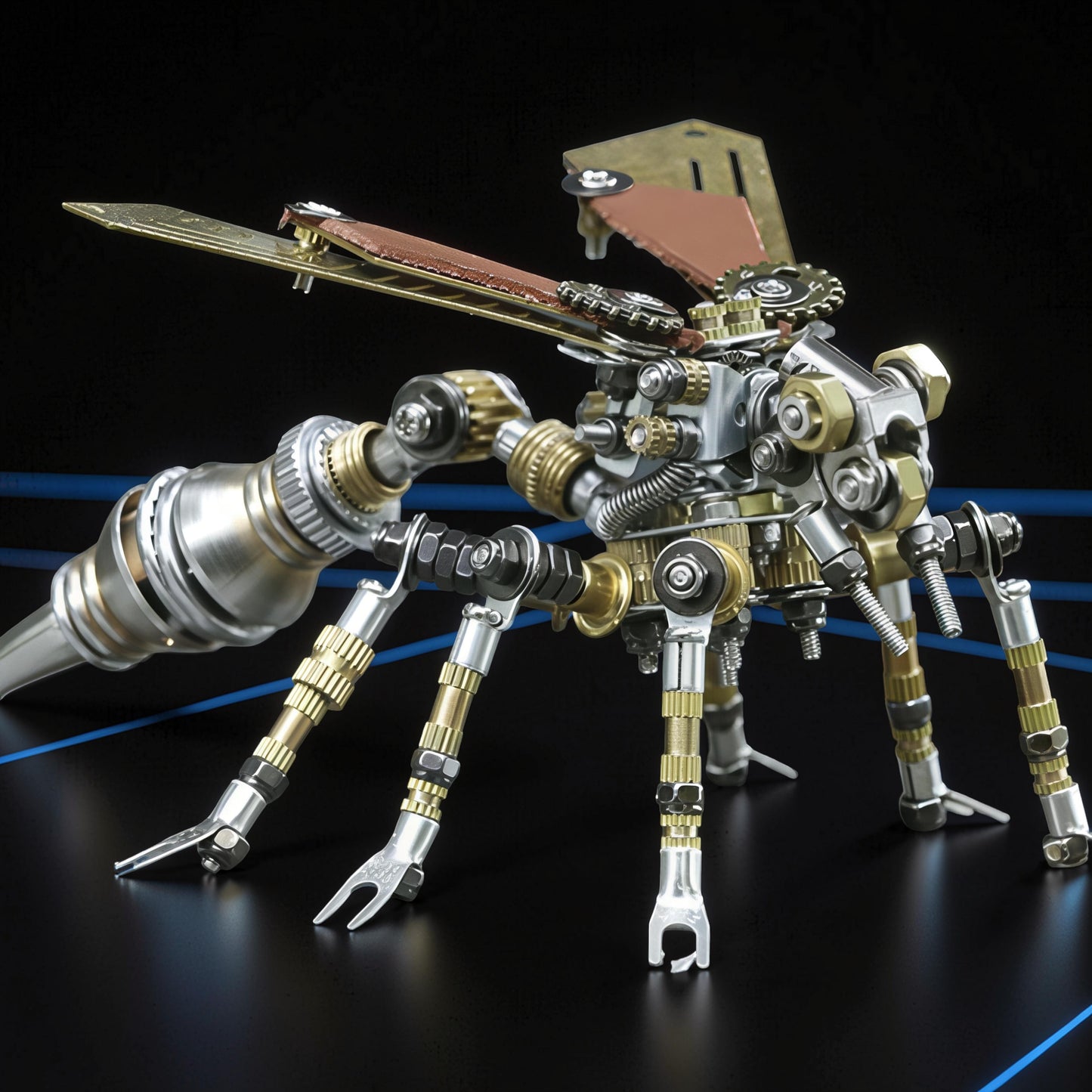 The Curious Mind Wasp premium 3D metal model kit, a steampunk-inspired mechanical insect with intricate gears, bolts, and metallic finishes.