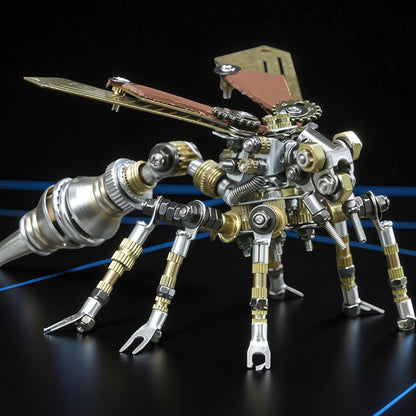 The Curious Mind Wasp premium 3D metal model kit, a steampunk-inspired mechanical insect with intricate gears, bolts, and metallic finishes.