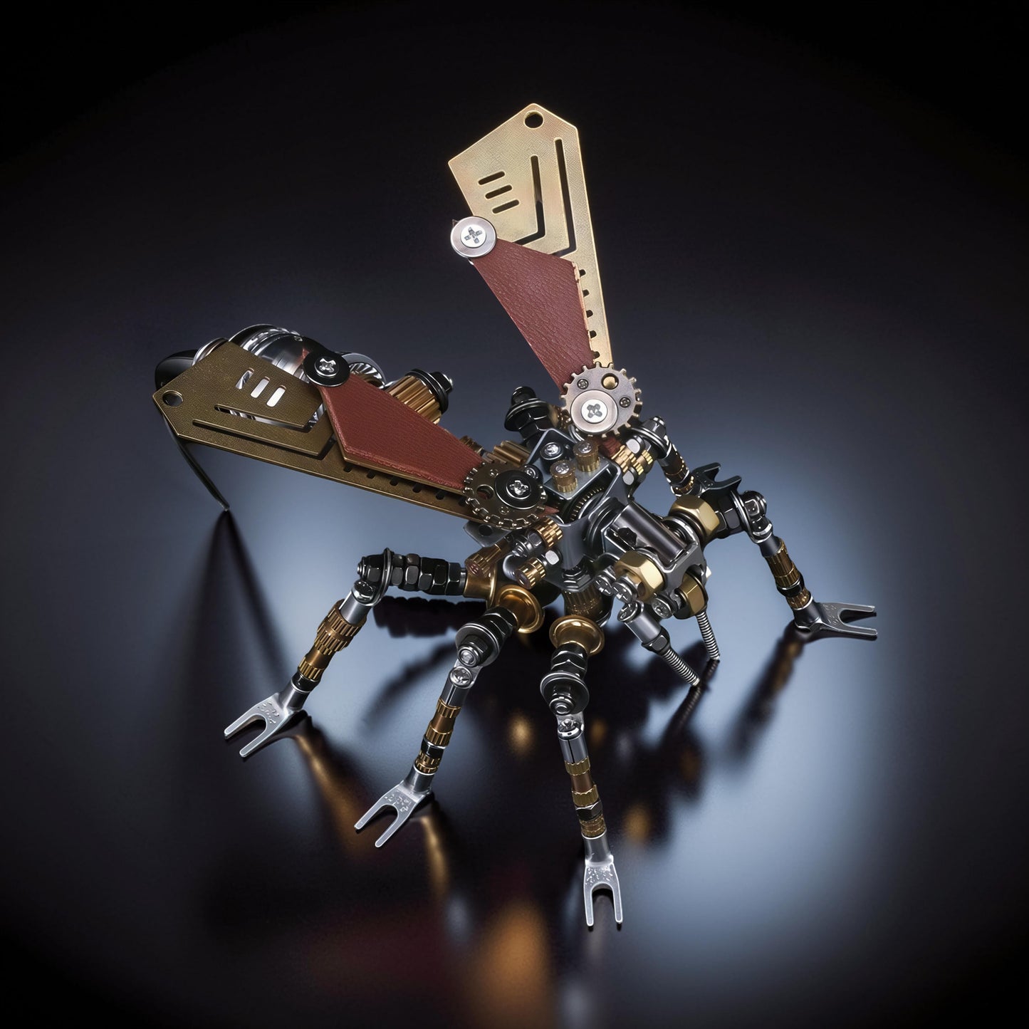 The Curious Mind Wasp 3D metal model kit with intricate gears, metal legs, and brown leather wings. Steampunk insect design.