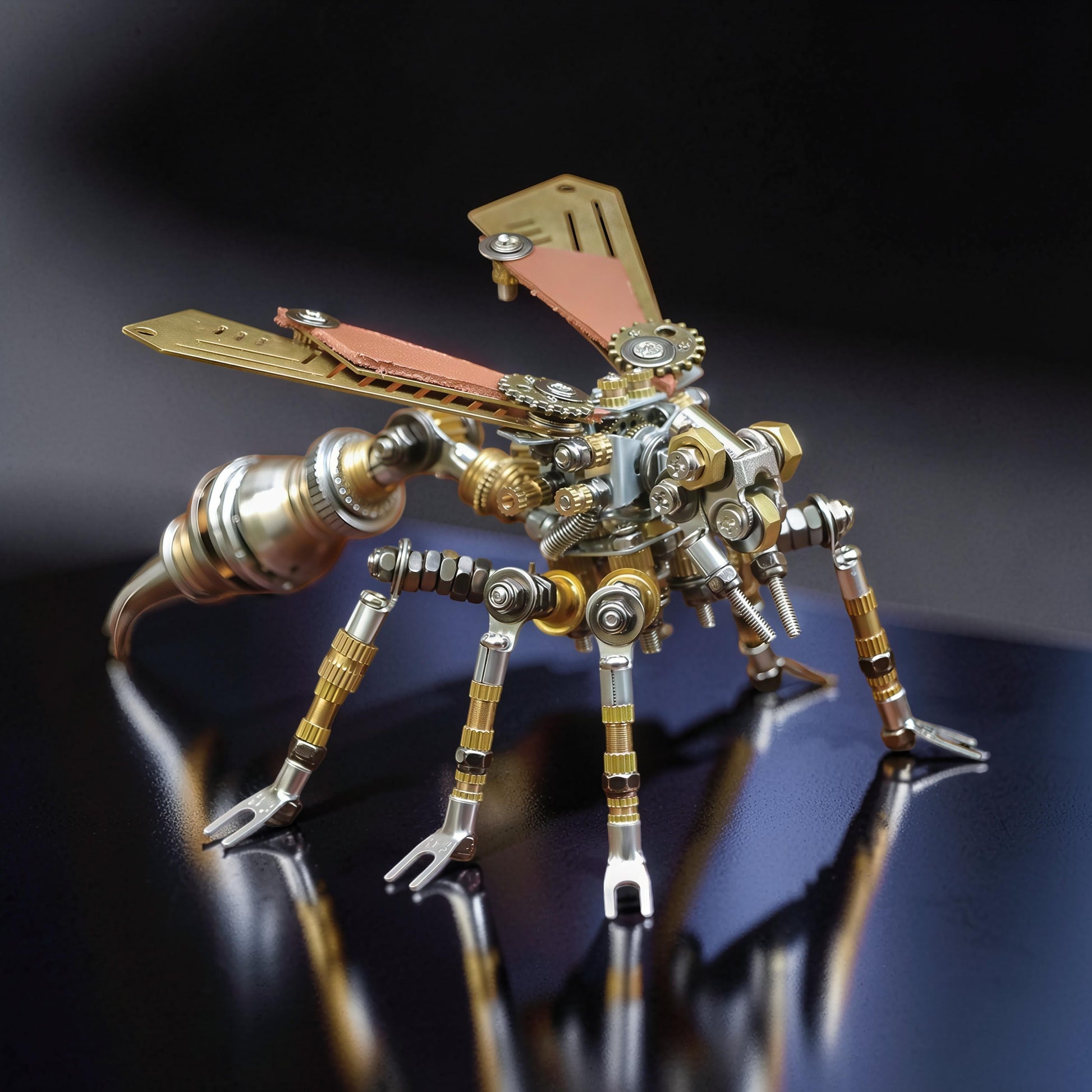 The Curious Mind Wasp 3D metal model kit, a steampunk-inspired mechanical insect with intricate gears, polished metal body, and copper-toned wings.