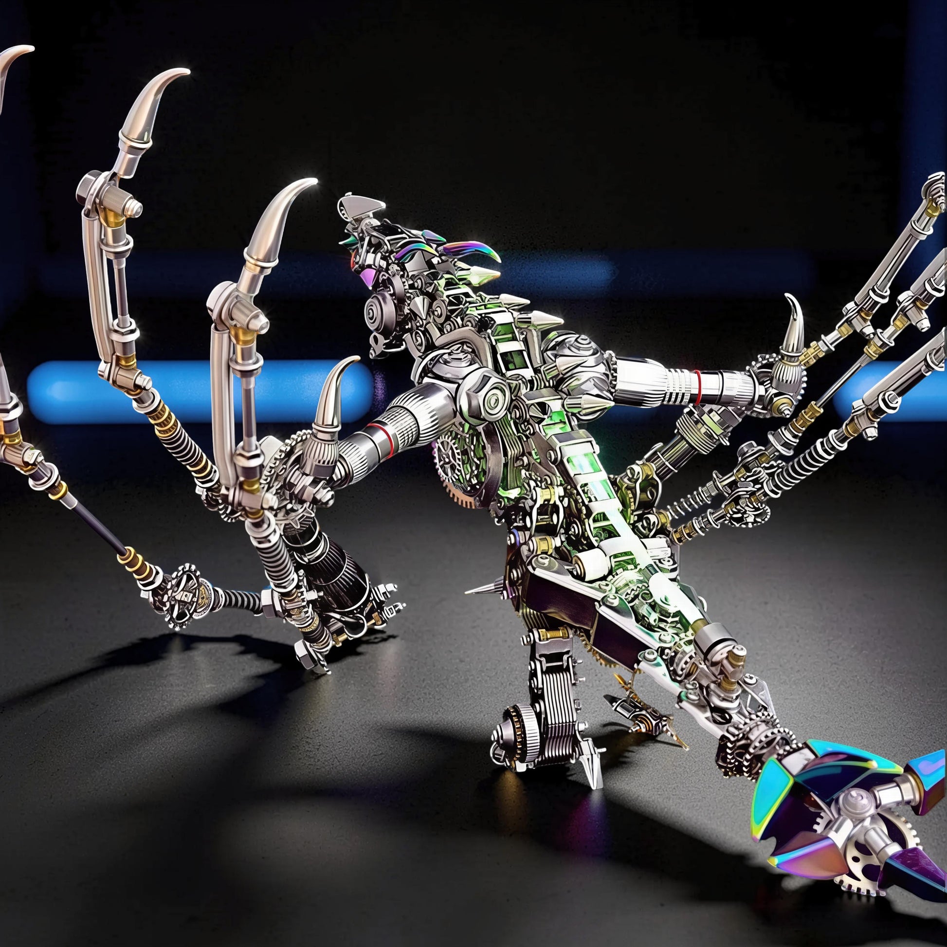 The Curious Mind Western Dragon Cyberpunk 3D Metal Model Kit, intricate metallic dragon with gears and iridescent accents.