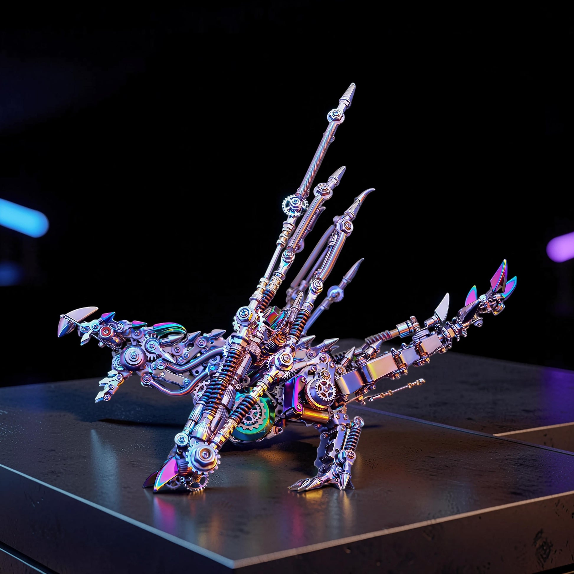 The Curious Mind Western Dragon Cyberpunk 3D Metal Model Kit with intricate gears and metallic finish.