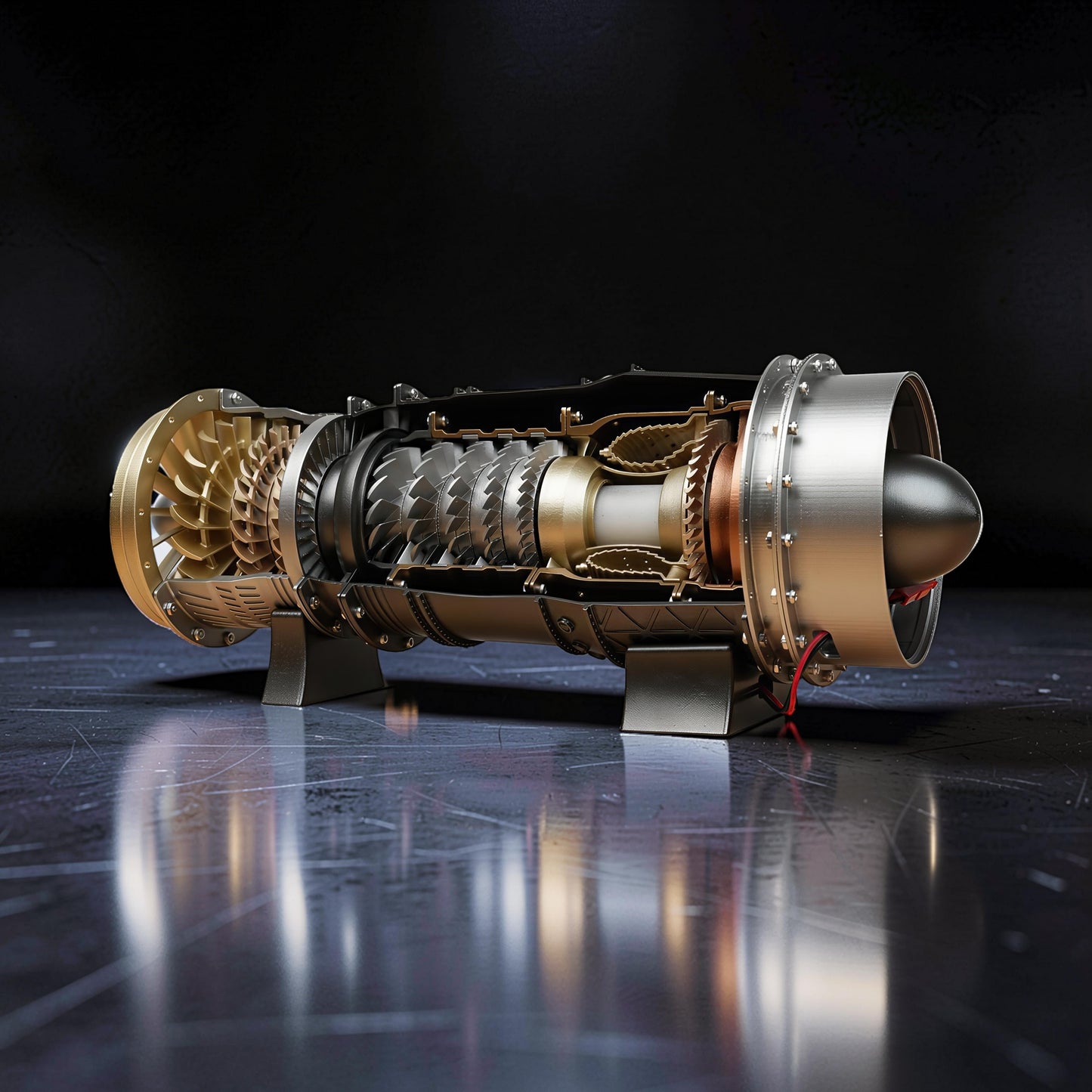 The Curious Mind WS-15 Fighter Turbofan DIY Kit, a detailed PLA model with gold, silver, and copper-toned components, displayed on a stand.