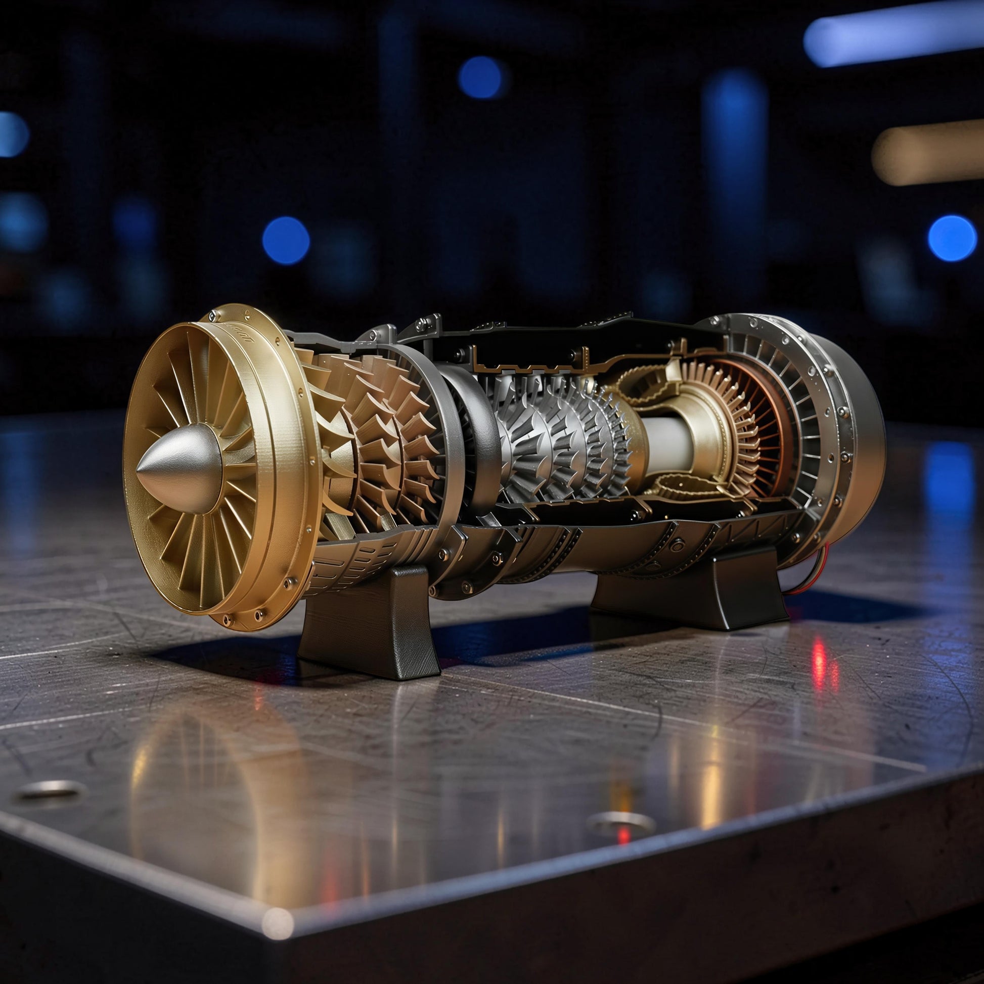 The Curious Mind WS-15 Fighter Turbofan DIY Kit model, featuring intricate gold and silver turbine blades and detailed engine components.