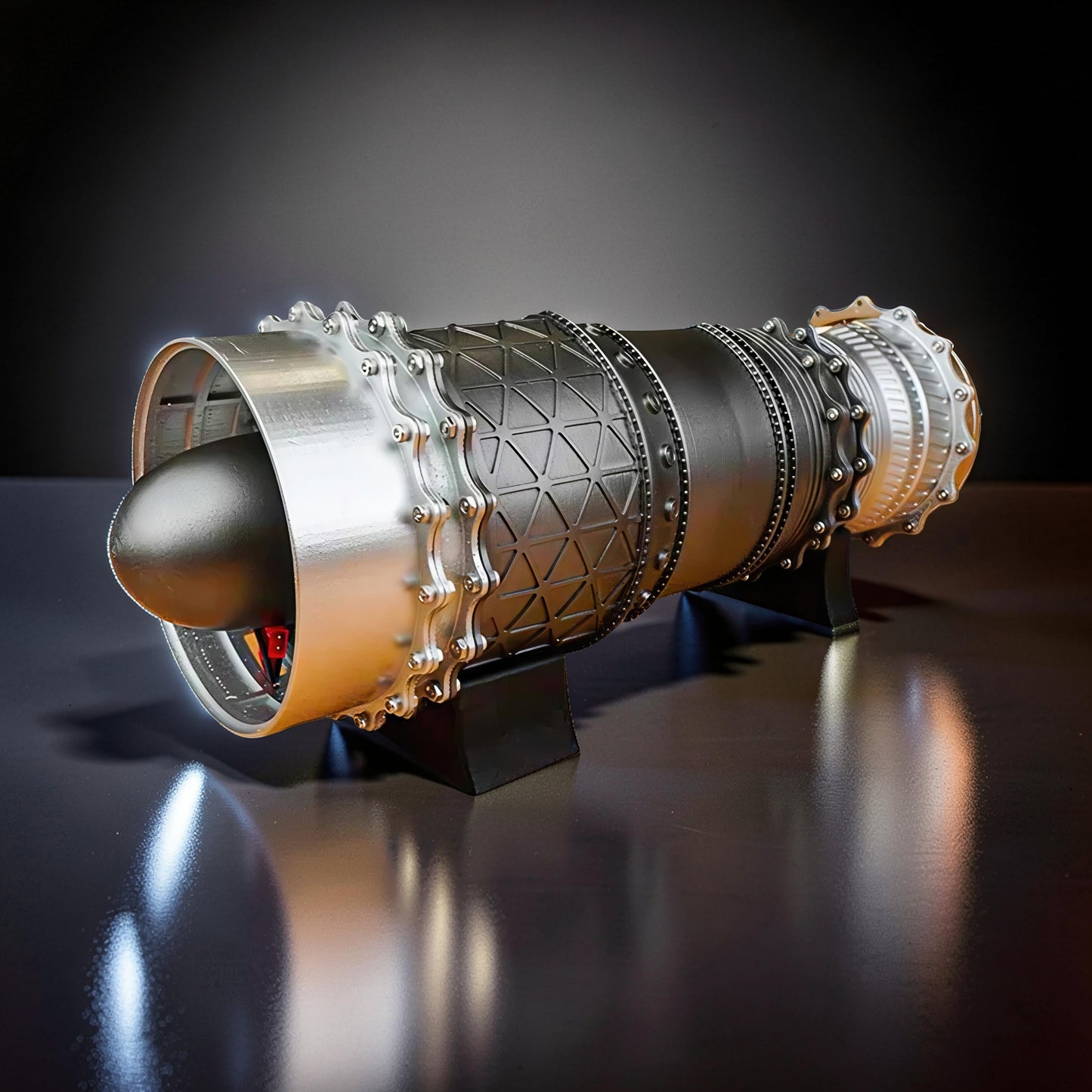 The Curious Mind WS-15 Fighter Turbofan DIY Kit, a detailed PLA model with silver and black metallic finishes, mounted on a black stand.