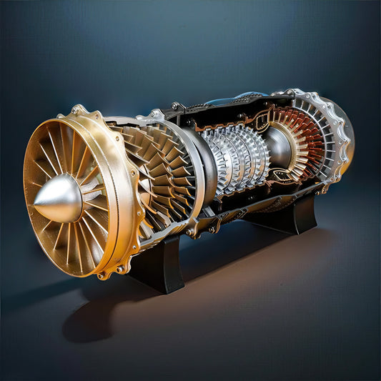 The Curious Mind WS-15 Fighter Turbofan DIY Kit, a detailed PLA model with gold and silver fan blades and internal turbine components.