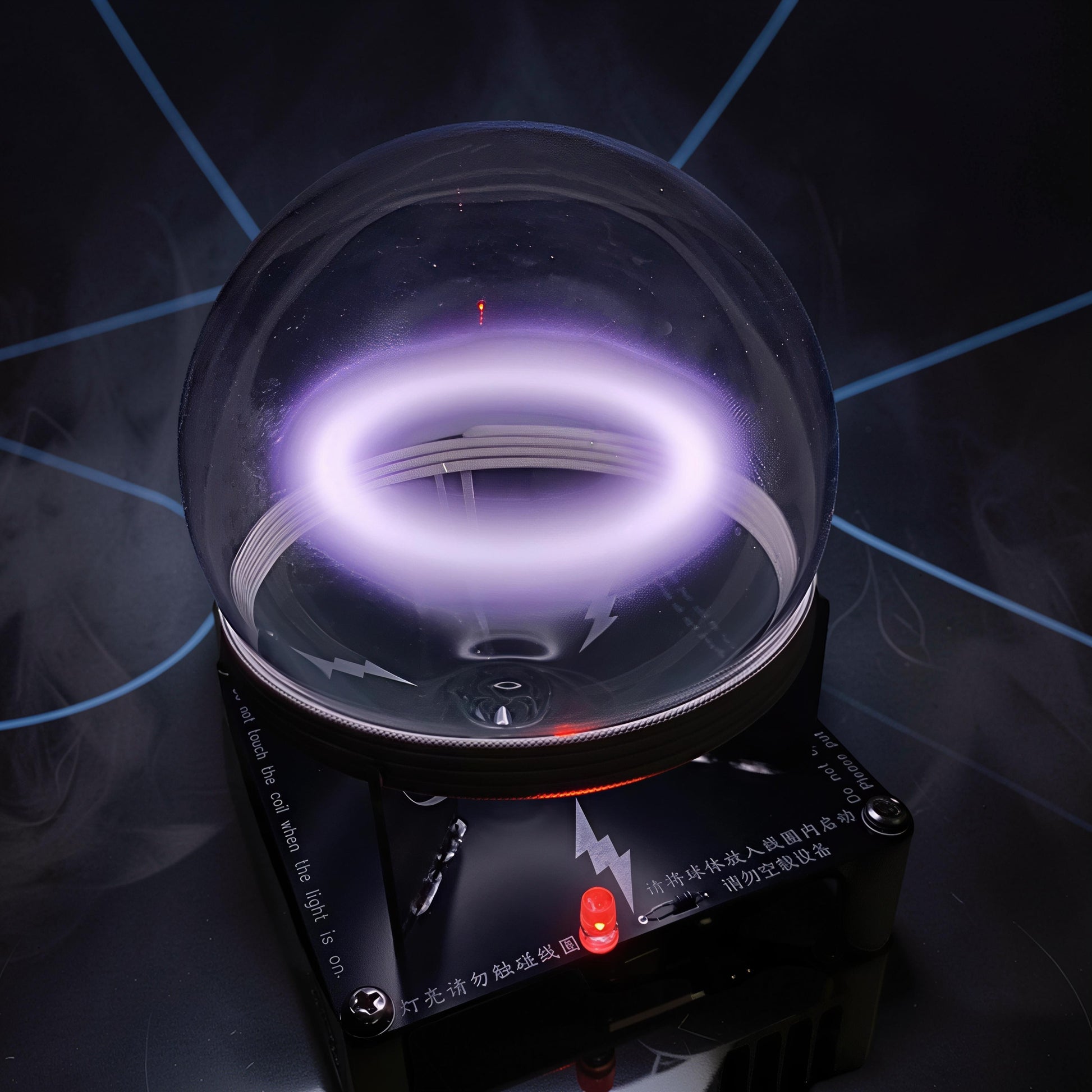 The Curious Mind Xenon Ion Ring Glass Sphere, a captivating science display with a glowing purple plasma ring inside a glass orb on a black base.