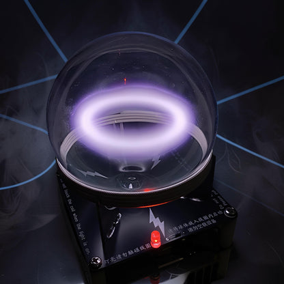 The Curious Mind Xenon Ion Ring Glass Sphere, a captivating science display with a glowing purple plasma ring inside a glass orb on a black base.