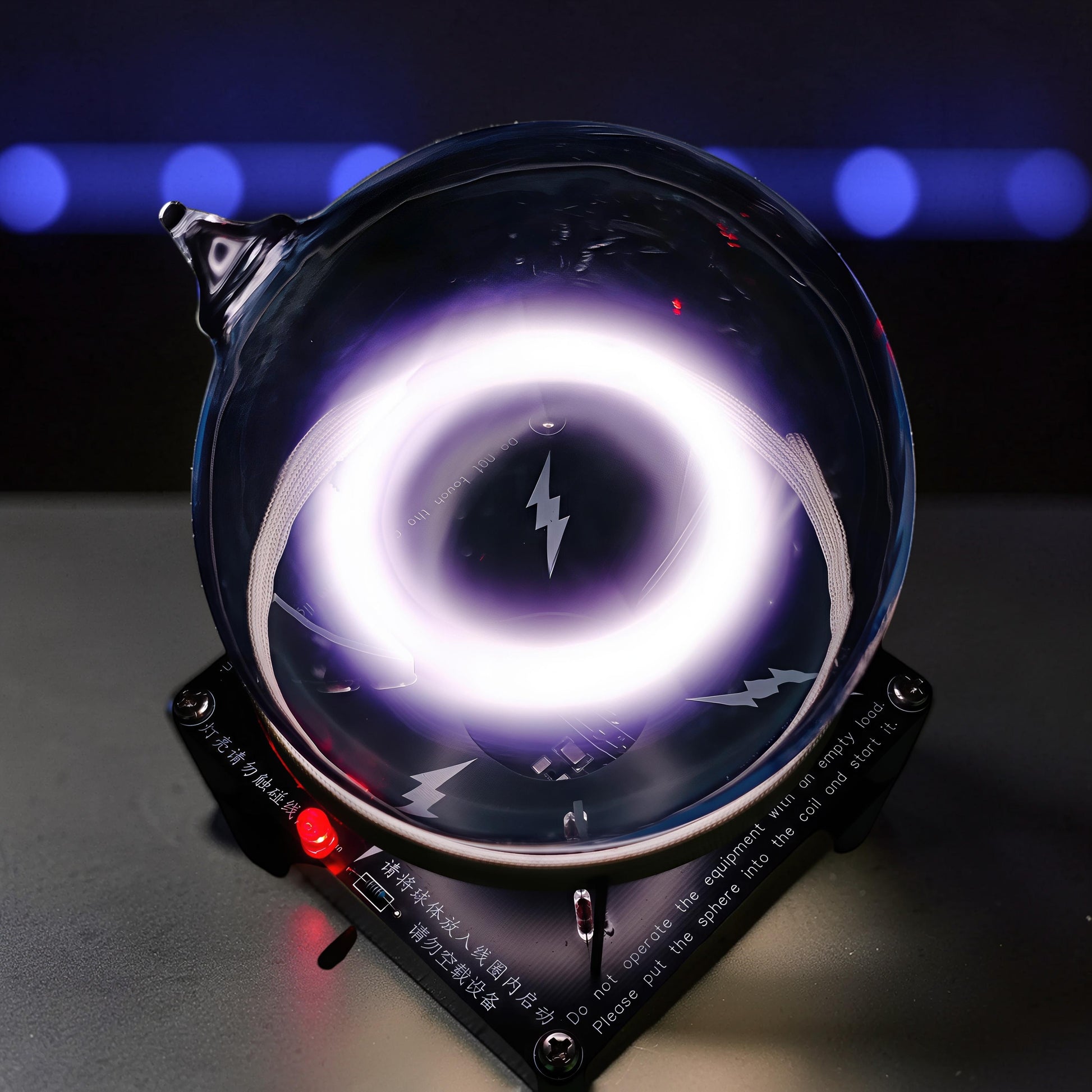 The Curious Mind Xenon Ion Ring Glass Sphere displays a glowing purple ring of light inside a glass orb, with lightning bolt graphics. Metal and glass construction.