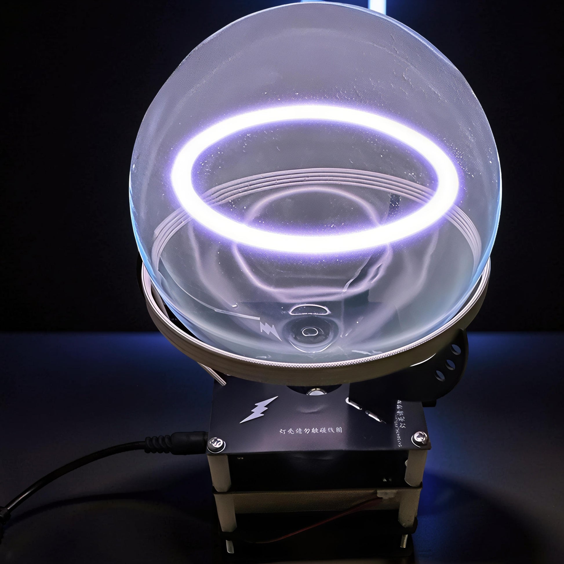 The Curious Mind Xenon Ion Ring Glass Sphere interactive science display with a glowing purple ring inside a glass orb.