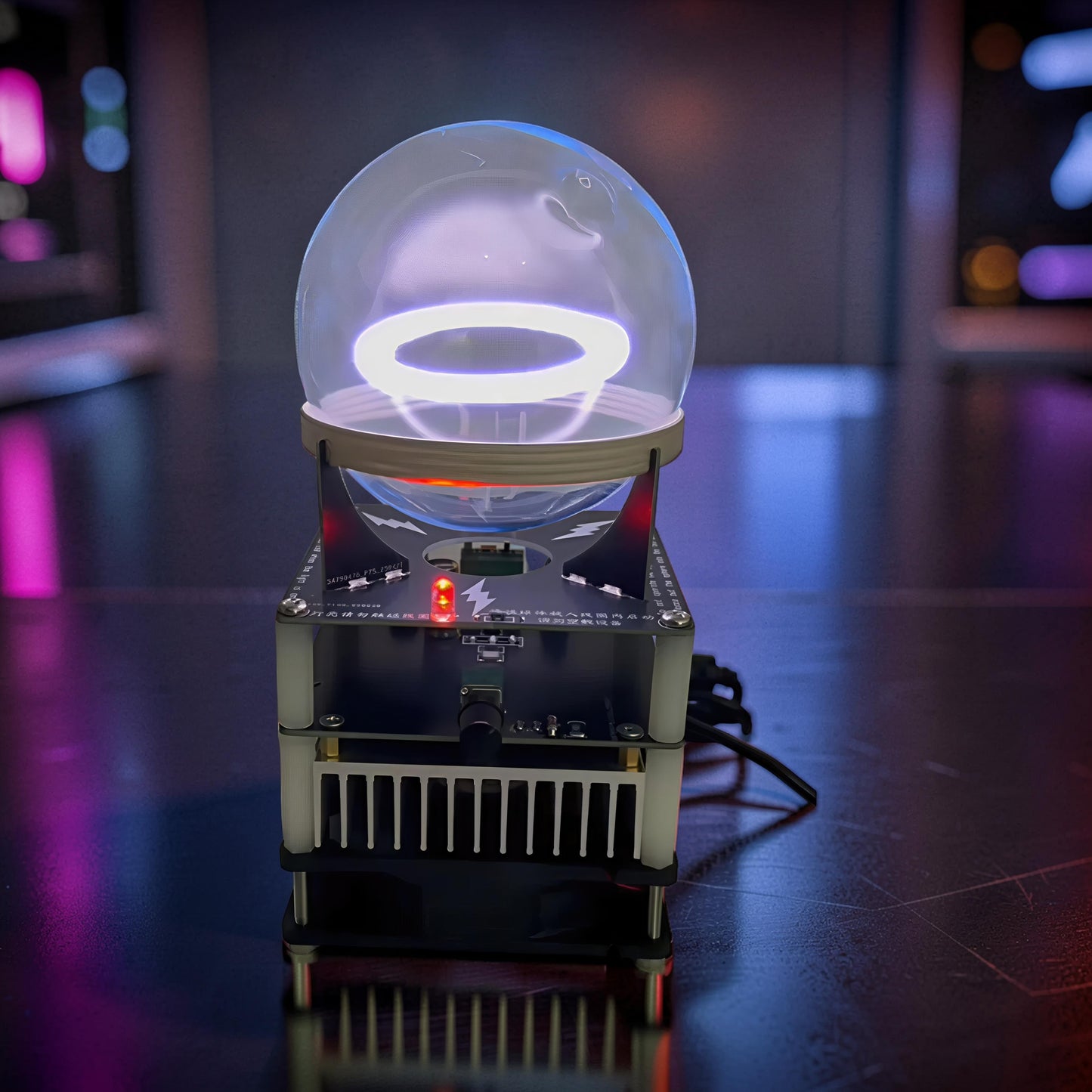 The Curious Mind Xenon Ion Ring Glass Sphere, a science display with a glowing white ring inside a glass orb on a black base with red accents.