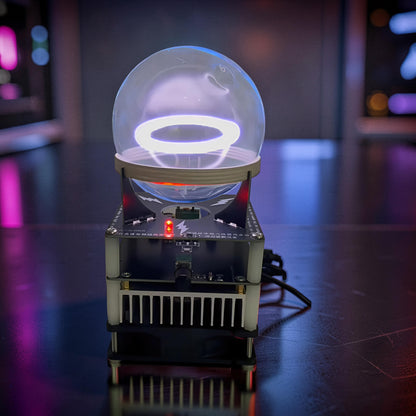 The Curious Mind Xenon Ion Ring Glass Sphere, a science display with a glowing white ring inside a glass orb on a black base with red accents.