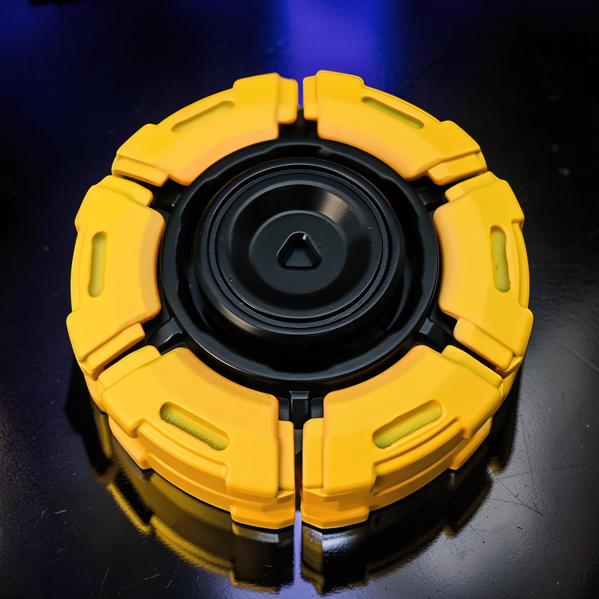 The Curious Mind Bumblebee Metal Spinner fidget toy in yellow and black, with a unique segmented design and a central bearing.