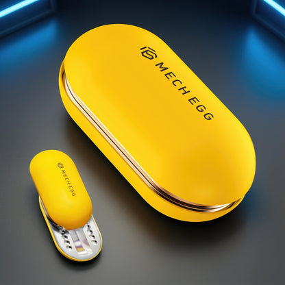 The Curious Mind Mech Egg Clicker Slider: yellow metal fidget toy with capsule shape and clicky slider action.